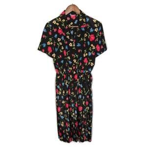Vintage Black Colorful Floral Print Pleated Dress Sz Medium